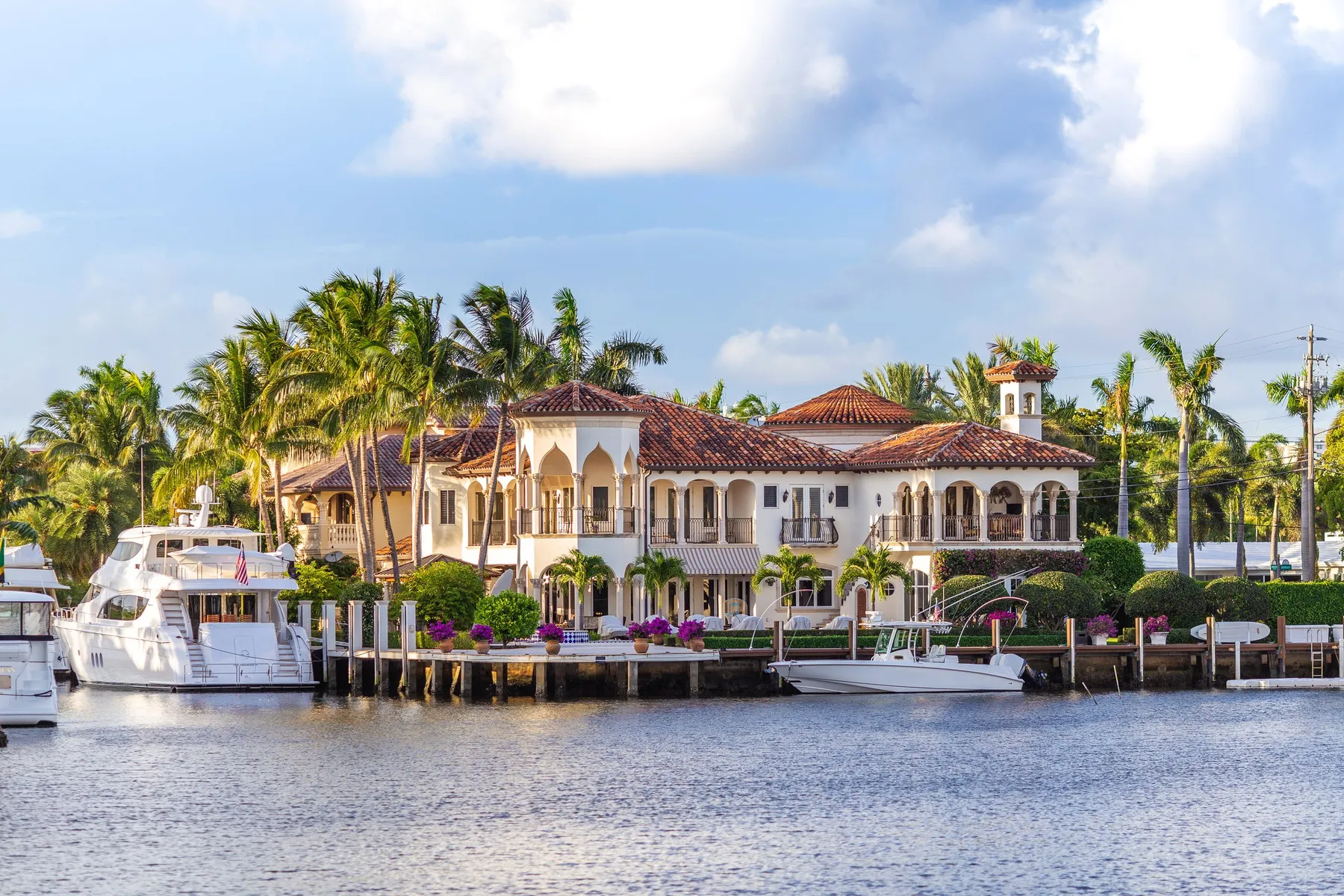 Palm-lined South Florida waterfront estate and private docks